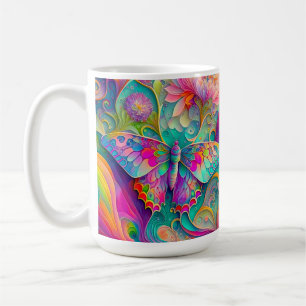 Farbenfrohe Psychedelic Butterfly und Blume Kaffeetasse