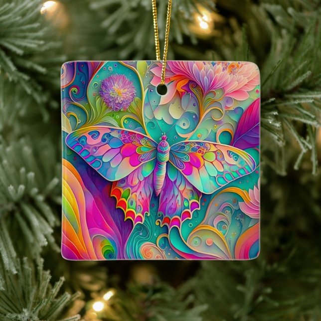 Farbenfrohe Psychedelic Butterfly und Blume Keramikornament (Baum)