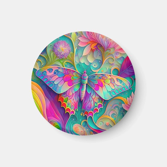 Farbenfrohe Psychedelic Butterfly und Blume Magnet (Vorne)