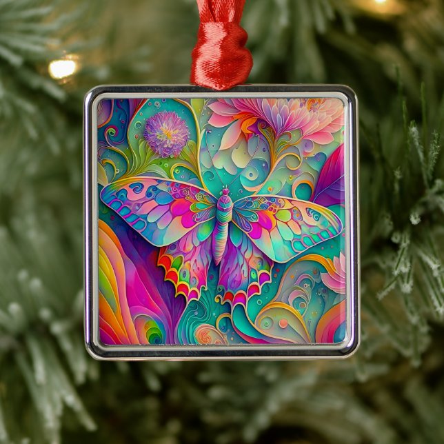Farbenfrohe Psychedelic Butterfly und Blume Ornament Aus Metall (Baum)
