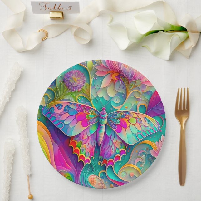 Farbenfrohe Psychedelic Butterfly und Blume Pappteller (Hochzeit)