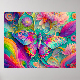 Farbenfrohe Psychedelic Butterfly und Blume Poster