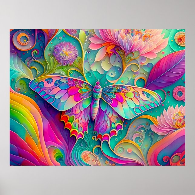 Farbenfrohe Psychedelic Butterfly und Blume Poster (Vorne)