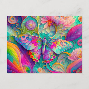 Farbenfrohe Psychedelic Butterfly und Blume Postkarte