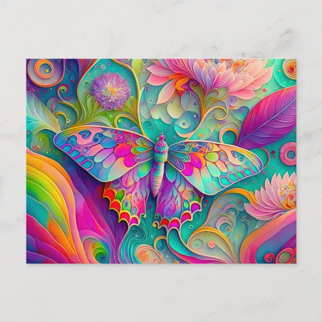 Farbenfrohe Psychedelic Butterfly und Blume Postkarte (Vorderseite)