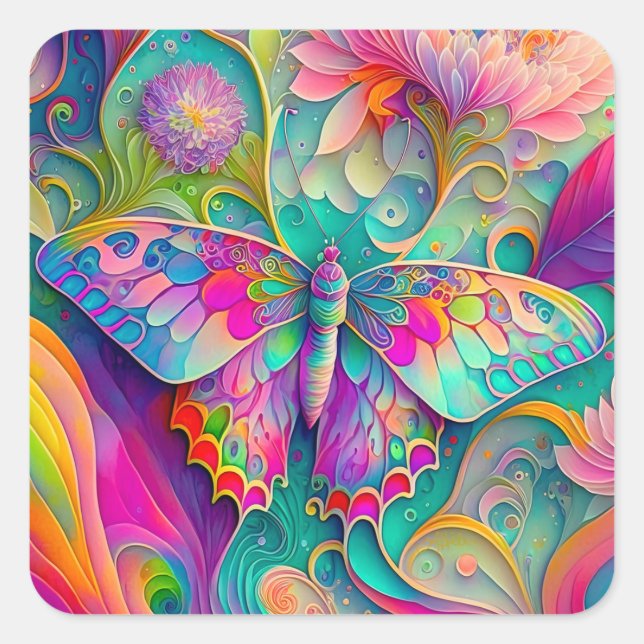 Farbenfrohe Psychedelic Butterfly und Blume Quadratischer Aufkleber (Vorderseite)