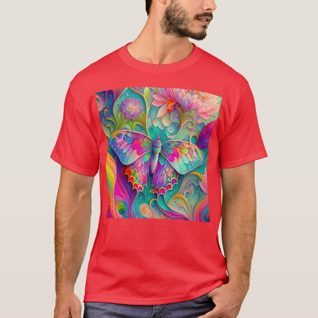 Farbenfrohe Psychedelic Butterfly und Blume T-Shirt (Vorderseite)
