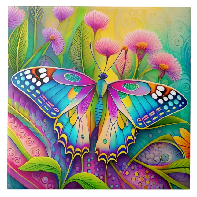 Farbenfrohe Psychedelic Butterfly und Wildblumen Fliese (Vorderseite)