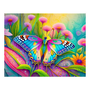Farbenfrohe Psychedelic Butterfly und Wildblumen Fotodruck