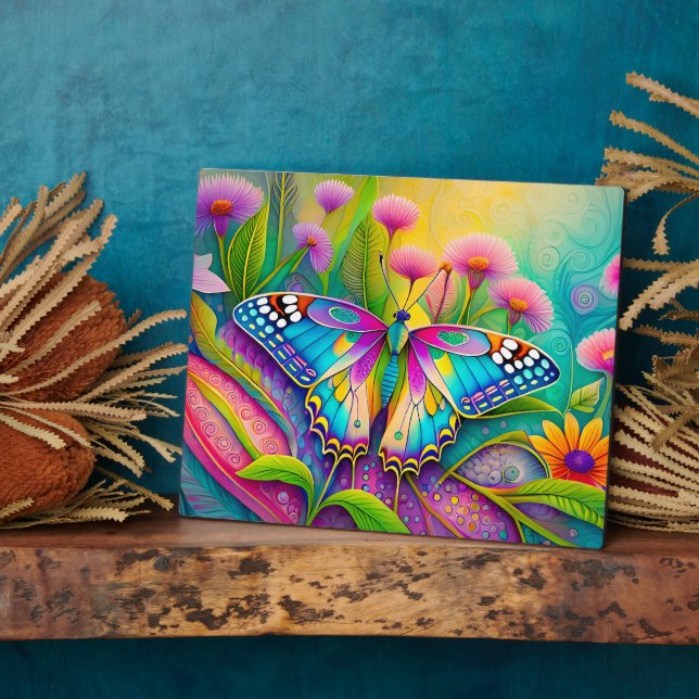 Farbenfrohe Psychedelic Butterfly und Wildblumen Fotoplatte (Seite)