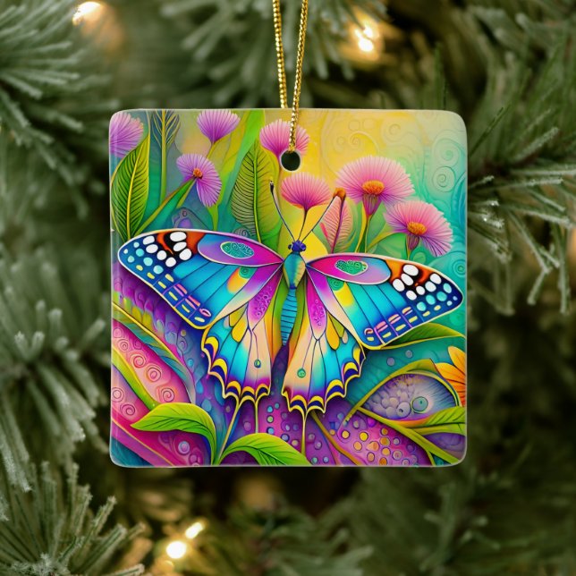 Farbenfrohe Psychedelic Butterfly und Wildblumen Keramikornament (Baum)