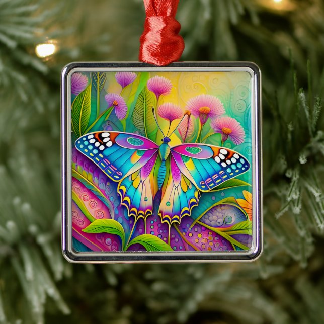 Farbenfrohe Psychedelic Butterfly und Wildblumen Ornament Aus Metall (Baum)