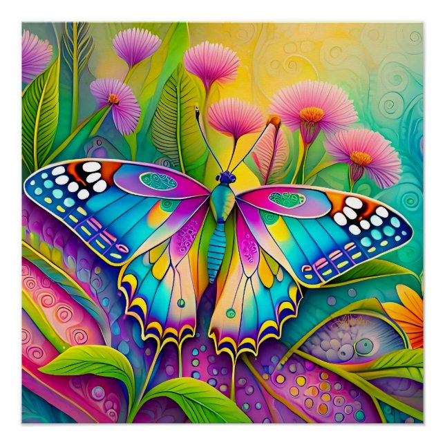 Farbenfrohe Psychedelic Butterfly und Wildblumen Poster (Vorderseite)
