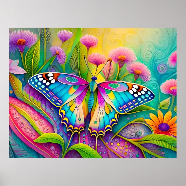 Farbenfrohe Psychedelic Butterfly und Wildblumen Poster (Vorne)