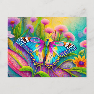 Farbenfrohe Psychedelic Butterfly und Wildblumen Postkarte