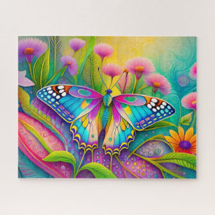 Farbenfrohe Psychedelic Butterfly und Wildblumen Puzzle