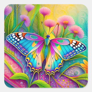 Farbenfrohe Psychedelic Butterfly und Wildblumen Quadratischer Aufkleber