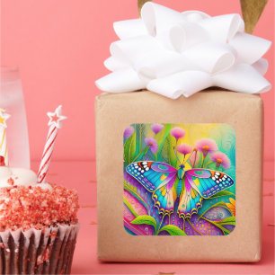 Farbenfrohe Psychedelic Butterfly und Wildblumen Quadratischer Aufkleber