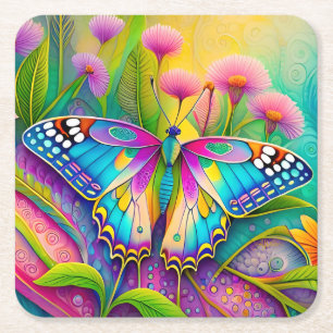 Farbenfrohe Psychedelic Butterfly und Wildblumen Rechteckiger Pappuntersetzer