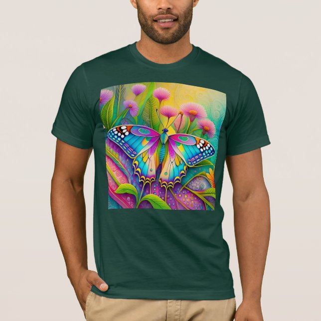 Farbenfrohe Psychedelic Butterfly und Wildblumen T-Shirt (Vorderseite)
