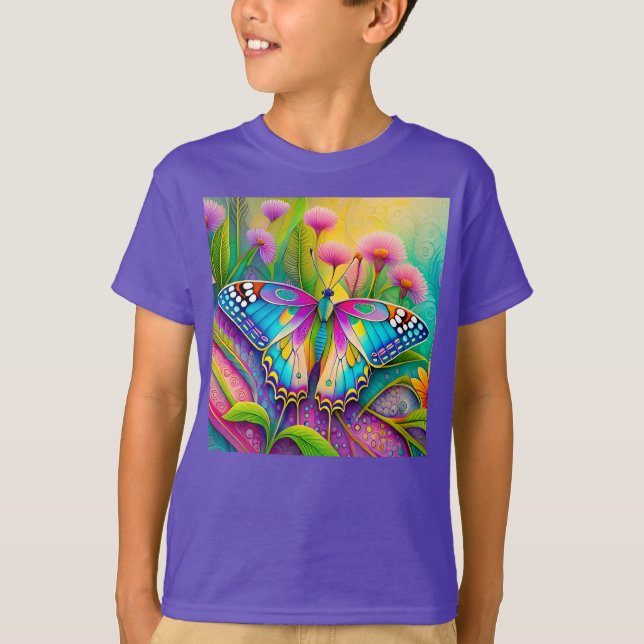 Farbenfrohe Psychedelic Butterfly und Wildblumen T-Shirt (Vorderseite)