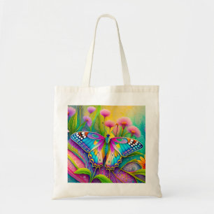 Farbenfrohe Psychedelic Butterfly und Wildblumen Tragetasche