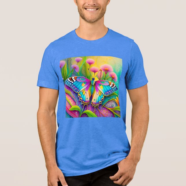 Farbenfrohe Psychedelic Butterfly und Wildblumen Tri-Blend Shirt (Vorderseite)