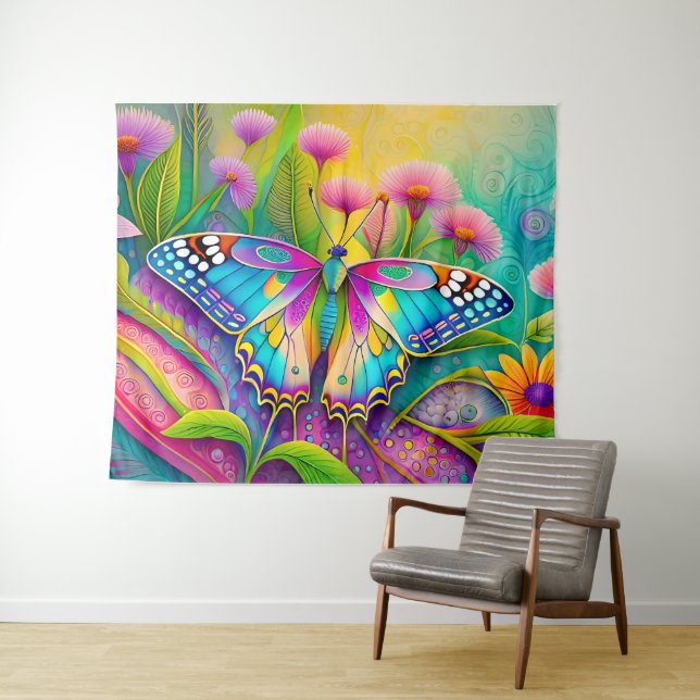 Farbenfrohe Psychedelic Butterfly und Wildblumen Wandteppich (Beispiel (Horizontal))