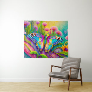Farbenfrohe Psychedelic Butterfly und Wildblumen Wandteppich