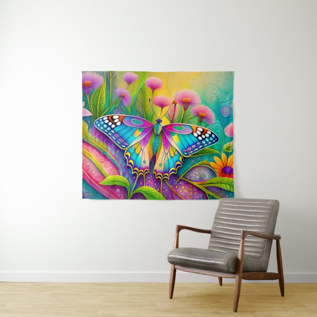 Farbenfrohe Psychedelic Butterfly und Wildblumen Wandteppich (Beispiel (Horizontal))