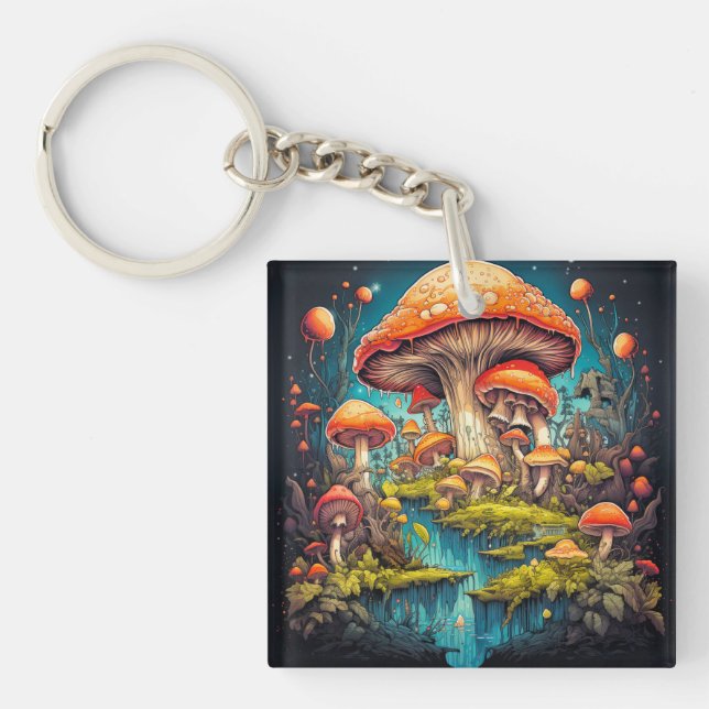 Farbenfrohe Psychedelic Mushroom-Illustration Schlüsselanhänger (Vorderseite)