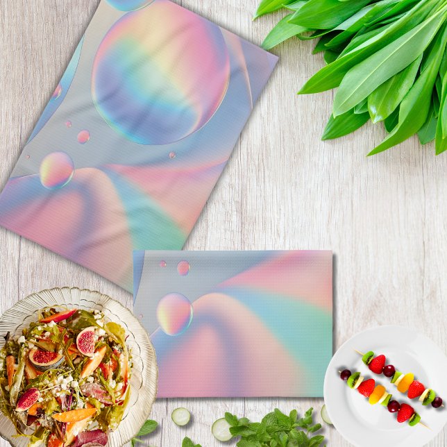 Farbenfrohe Psychedelic Pink Aquamarine Pastelbläs Geschirrtuch (Colorful, psychedelic and iridescent-looking bubbles of teal, purple, pink, & yellow kitchen towel)