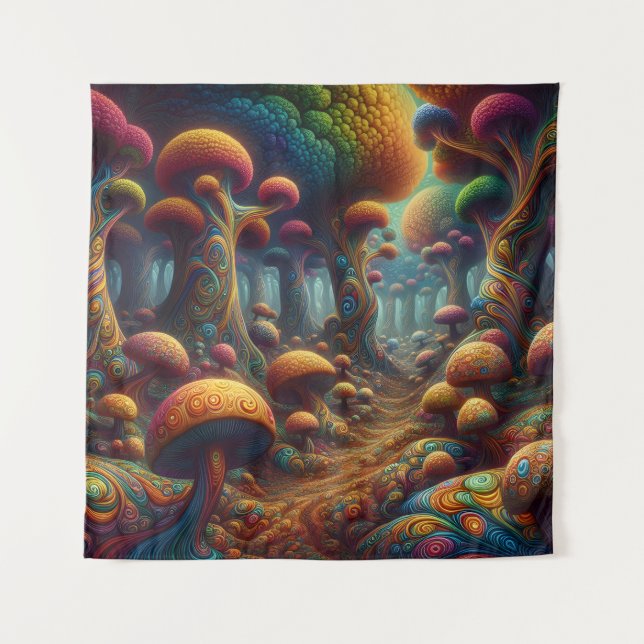 Farbenfrohe Psychedelic Trippy Mushroom Wonderland Wandteppich (Vorderseite)
