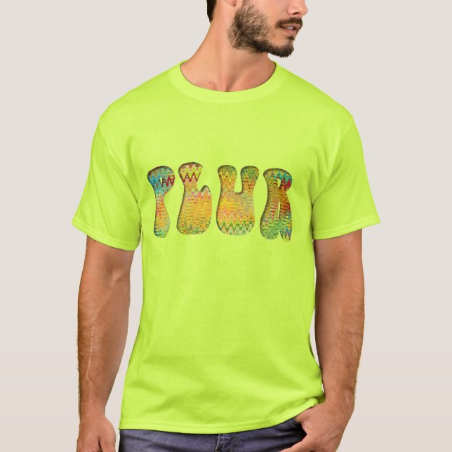 Farbenfrohe Psychedelic Yellow Puffy PLUR T-Shirt (Vorderseite)