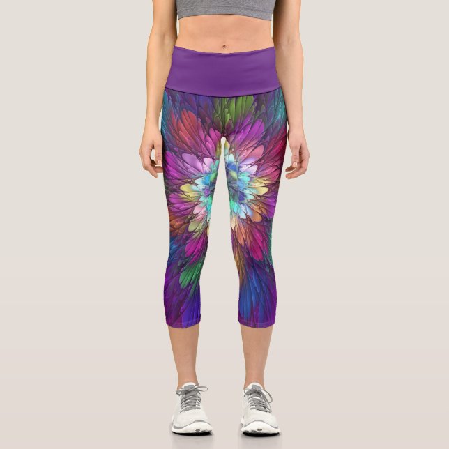 Farbenfrohe Psychedelische Blume Abstraktes Frakta Capri Leggings (Vorderseite)