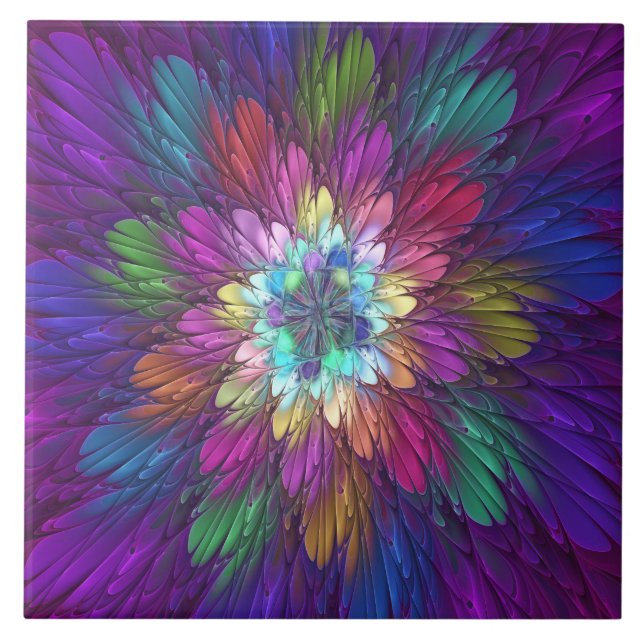 Farbenfrohe Psychedelische Blume Abstraktes Frakta Fliese (Vorderseite)