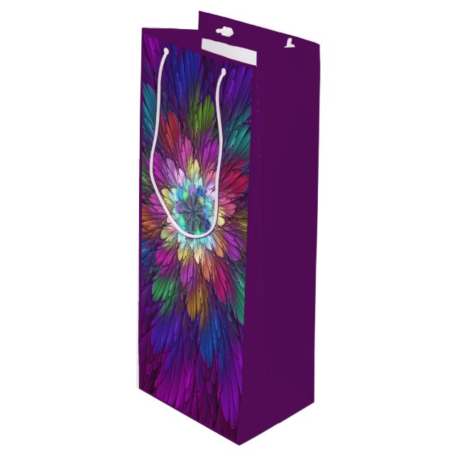 Farbenfrohe Psychedelische Blume Abstraktes Frakta Geschenktüte Für Weinflaschen (Vorderseite Schrägansicht)