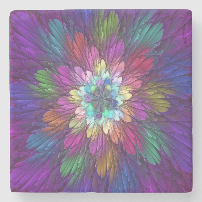 Farbenfrohe Psychedelische Blume Abstraktes Frakta Steinuntersetzer (Vorderseite)