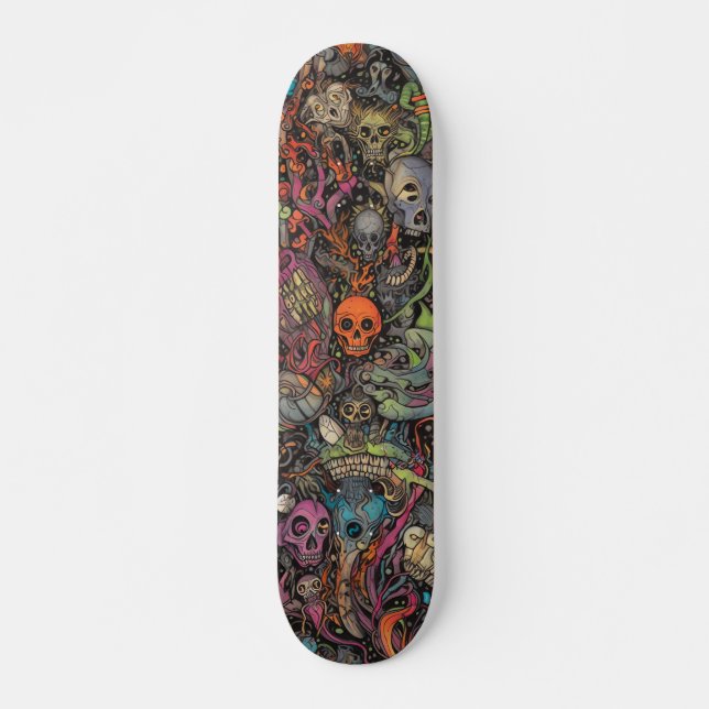 Farbenfrohe psychedelische Schädel Skateboard (Vorne)