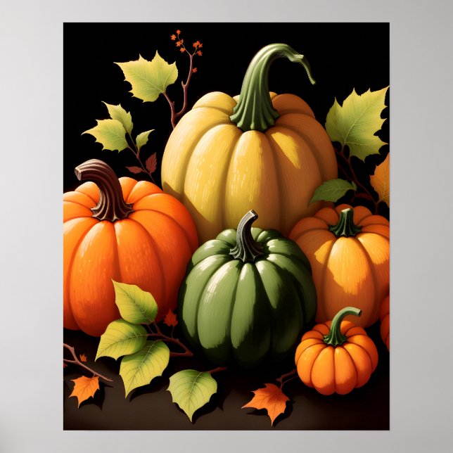 Farbenfrohe Pumpkins Schwarzer Hintergrund Poster (Vorne)