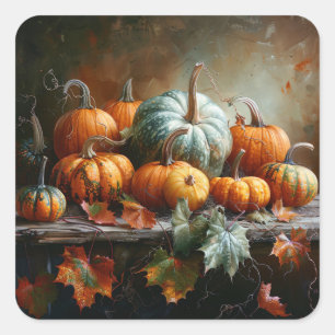 Farbenfrohe Pumpkins und Blätter Vintag Quadratischer Aufkleber