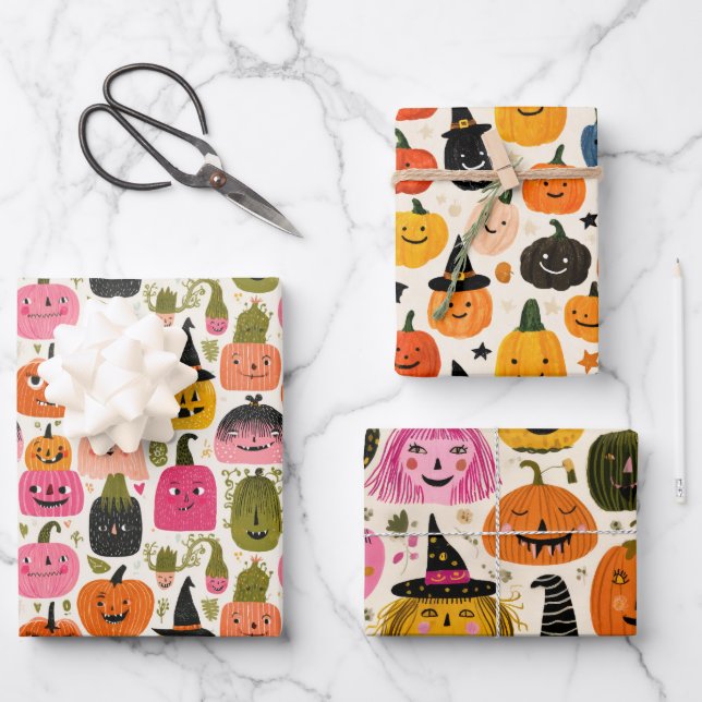 Farbenfrohe Pumpkins Whimsical Halloween Spooky Ni Geschenkpapier Set (Vorderseite)
