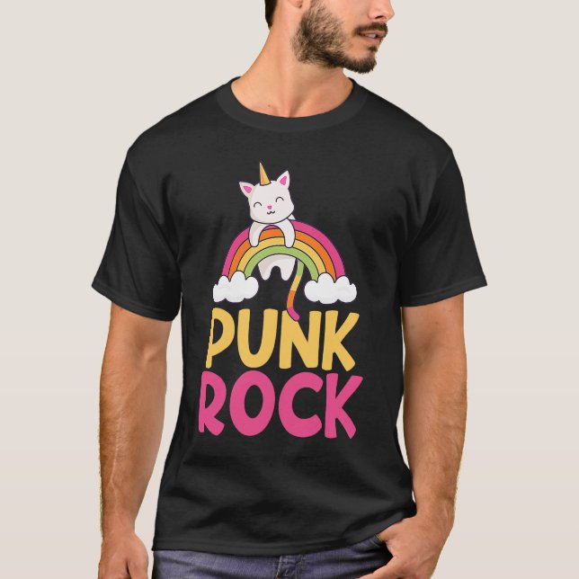 Farbenfrohe Punk Rock Rainbow Cat Unicorn T-Shirt (Vorderseite)
