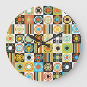 Farbenfrohe Punkte, Kreise, Streifen Hintergrund. Große Wanduhr