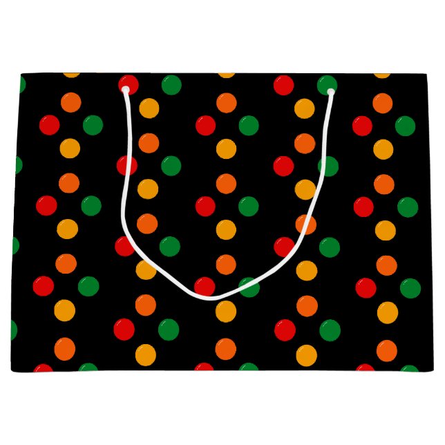 Farbenfrohe Punktmuster auf schwarzem Retro Weihna Große Geschenktüte (Vorderseite)