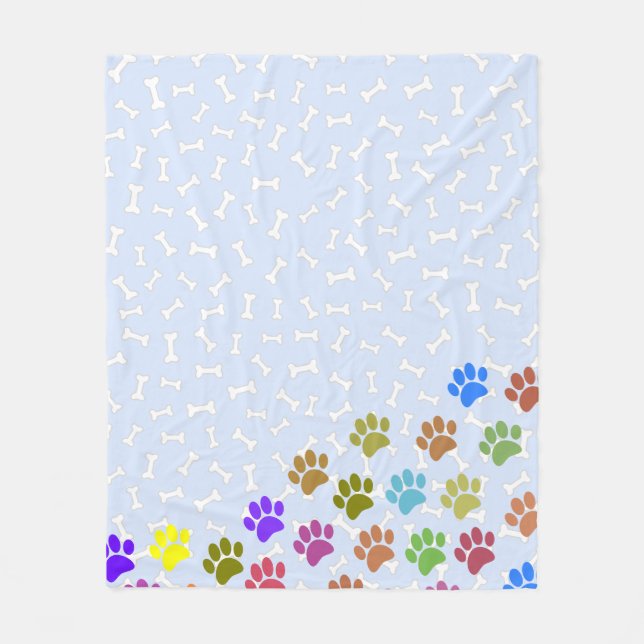 Farbenfrohe Puppy-Paw-Prints und Knochen hellblau Fleecedecke (Vorderseite)