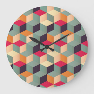 Farbenfrohe Quadrate, retro geometrisches Muster. Große Wanduhr
