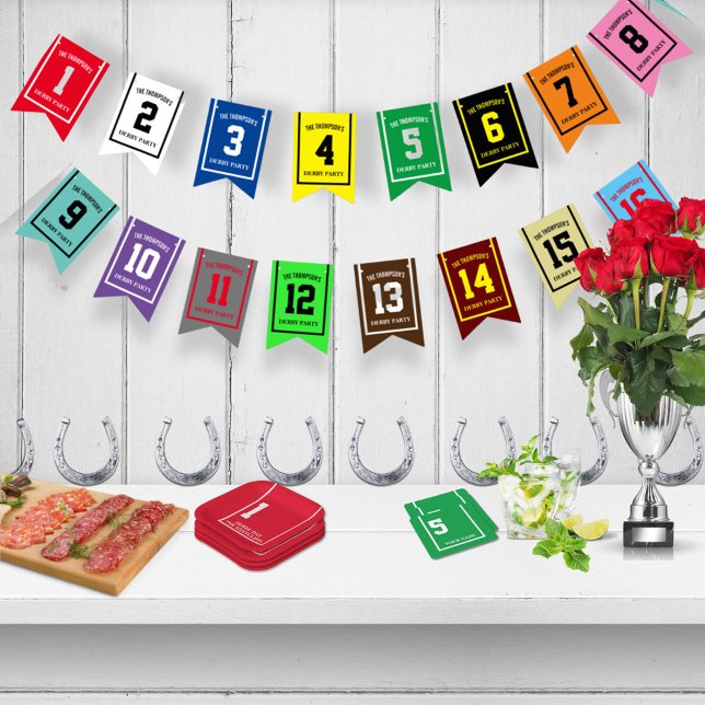Farbenfrohe Race Horns Numbers Derby Party Dekorat Wimpelkette (colorful personalized bunting for your horse racing party)