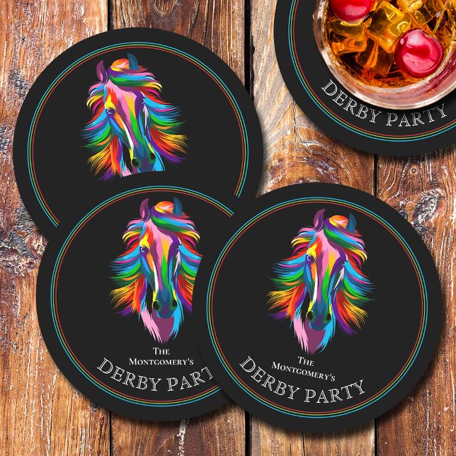 Farbenfrohe Racehorse Black Derby Runder Pappuntersetzer (Colorful Racehorse Derby Party Round Black Paper Coasters)