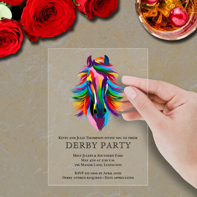 Farbenfrohe Racehorse Derby Party Acryleinladungen (Colorful racehorse derby party acrylic invitations - order clear or frosted)